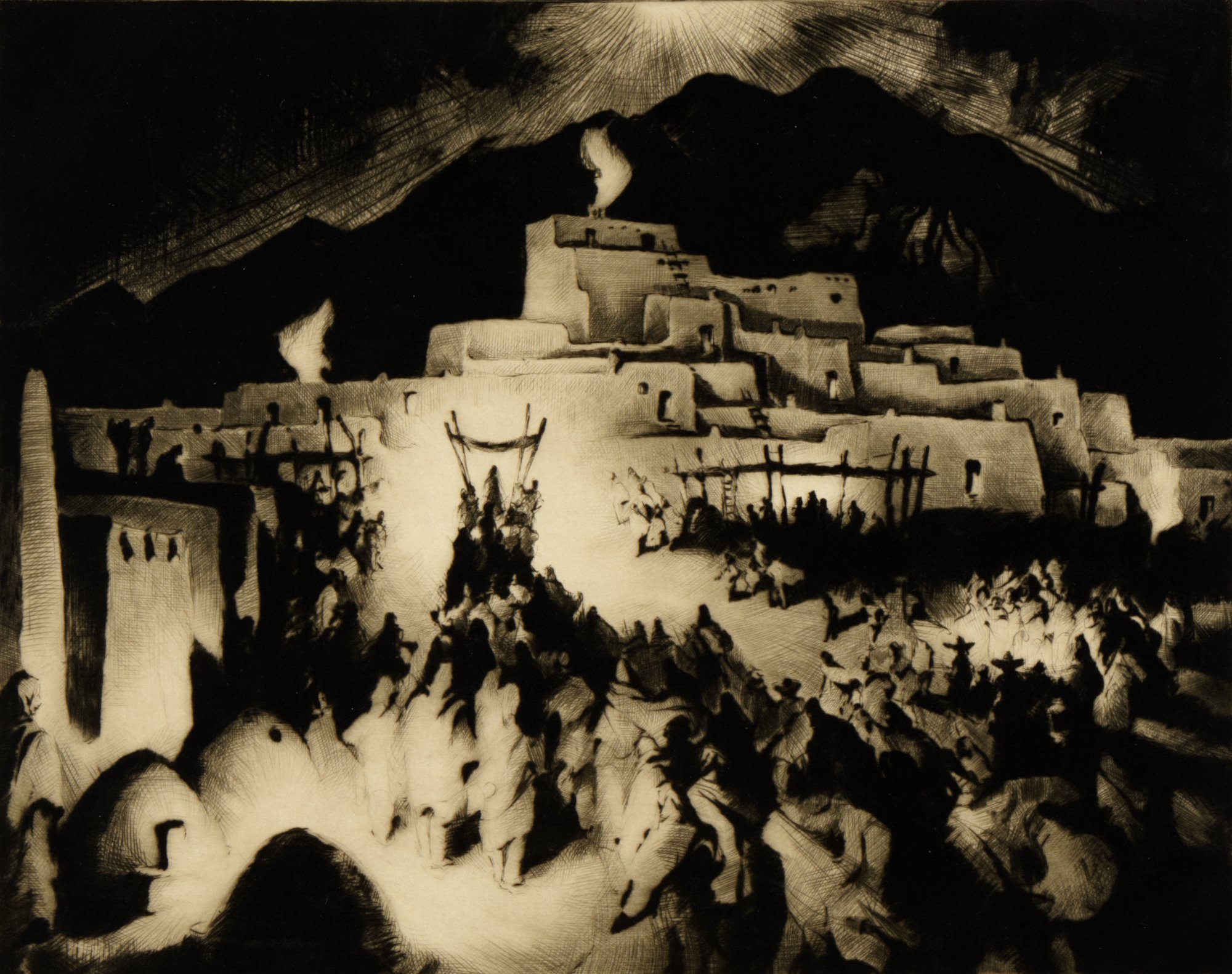 Taos Pueblo Christmas Day 2022 Christmas Eve- Taos Pueblo / Gene Kloss - Gilcrease Museum