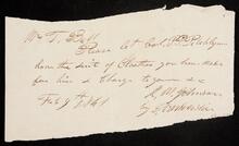 Note to T. Bell from R.M. Johnson regarding suit of cloathes for P.P. Pitchlynn